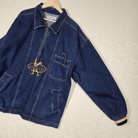 VTG Knockout Denim Jacket Sz 2XL Blue Quarter Zip Pullover Logo USA - Picture 7 of 16